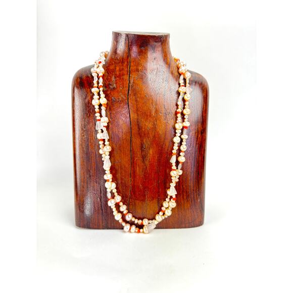 Peach Pearl Rose Quartz Carnelian Long Necklace - Picture 4 of 4